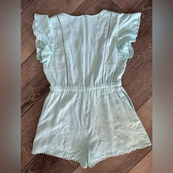 Lost in Lunar Green mint romper shorts tie waist SZ L Linen blend - Picture 5 of 8